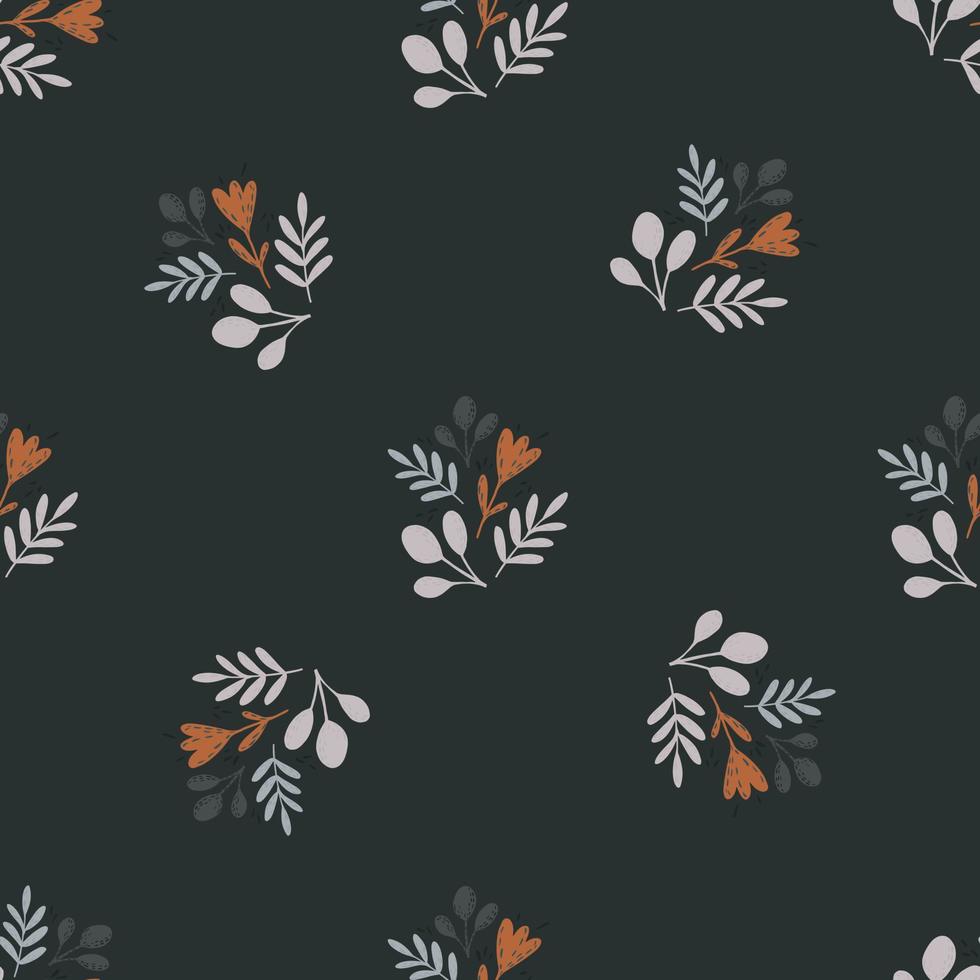 Minimalistic seamless pattern with folk botanical ornament. Dark navy blue background. Nature backdrop. vector