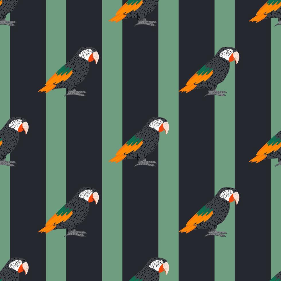 Hand drawn seamless exotic pattern with simple dark grey ara parrot silhouettes. Striped background. vector