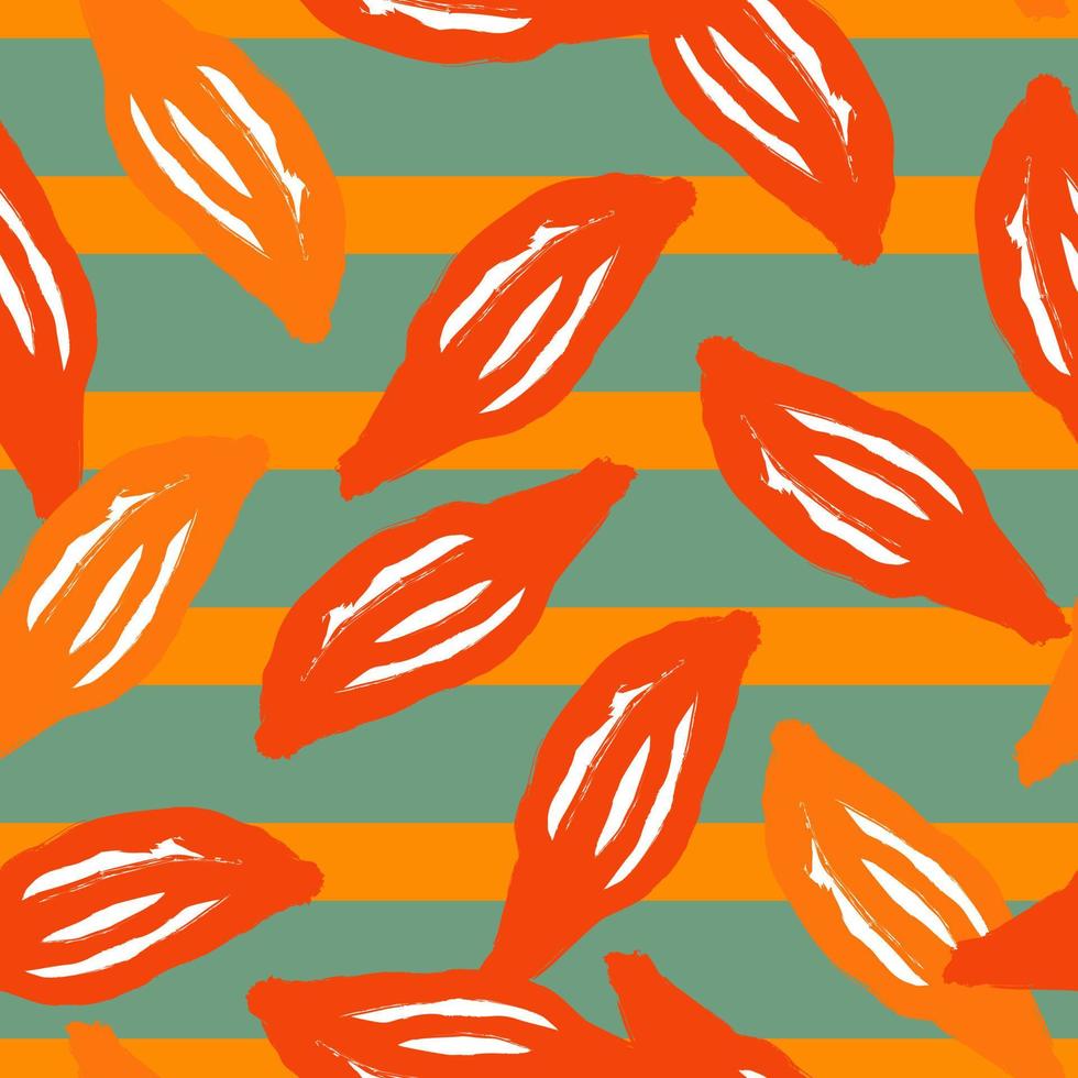 Bright summer seamless foliage pattern with orange random leaf silhouettes print. Striped blue background. vector