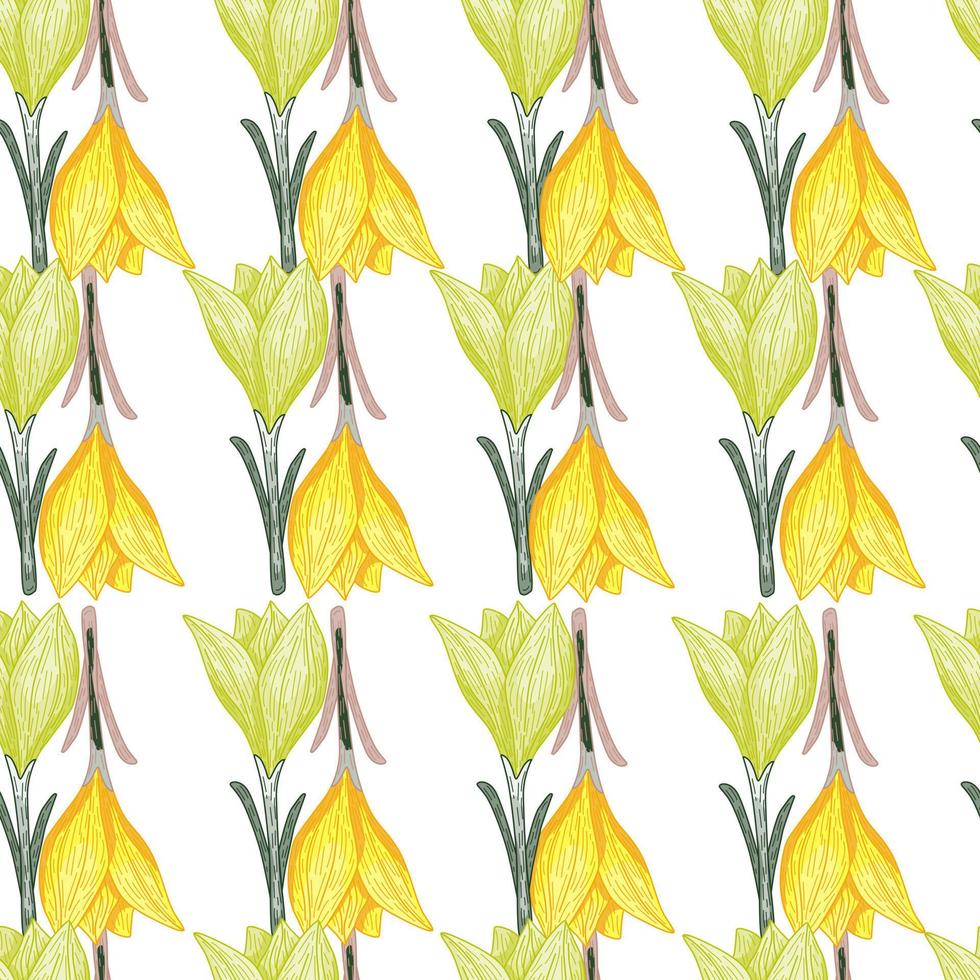 Scrapbook seamless isolated pattern with green and yellow crocus flowers shapes. White background. vector