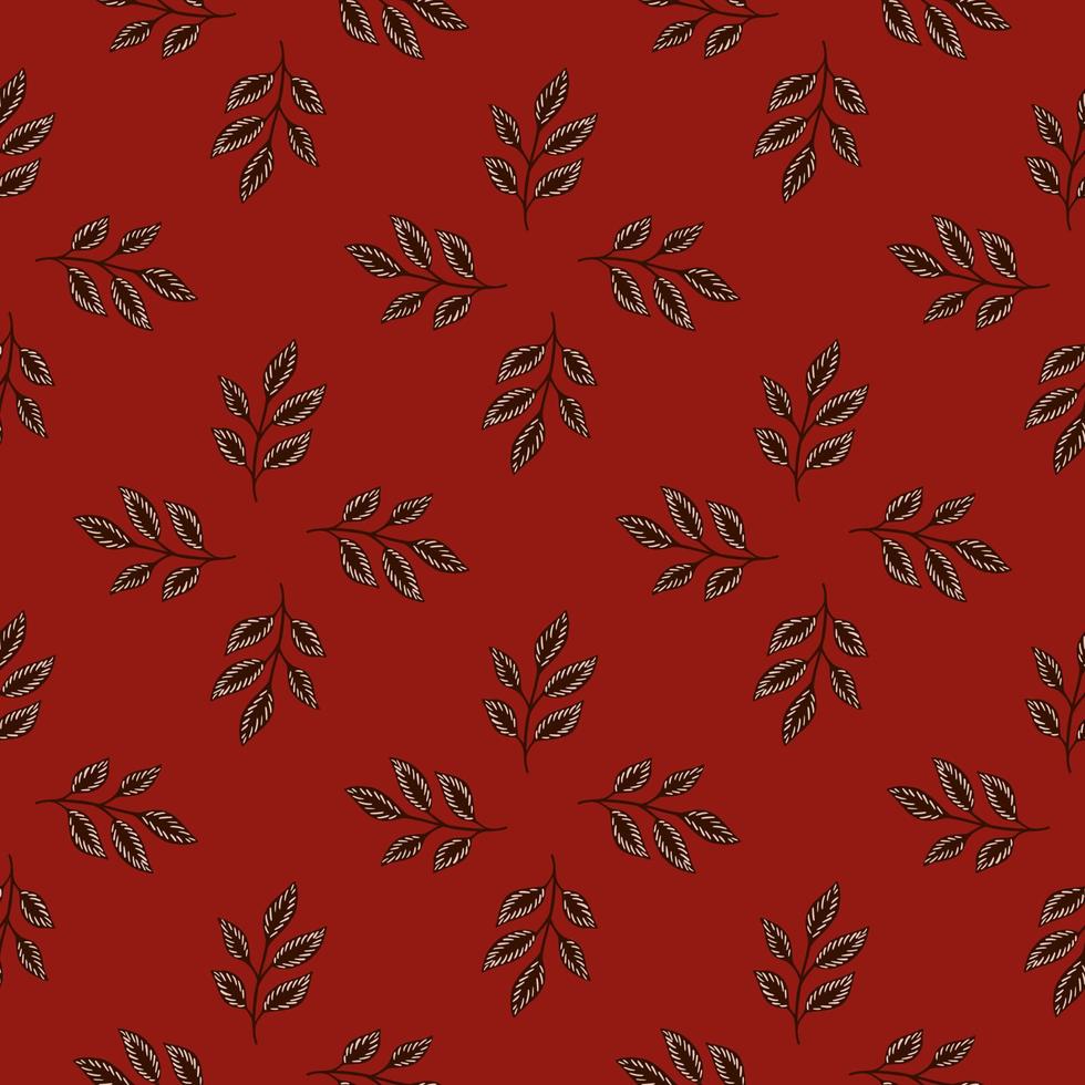 Seasonal seamless pattern with doodle leaf branches ornament. Red background. Herbal simple print. vector