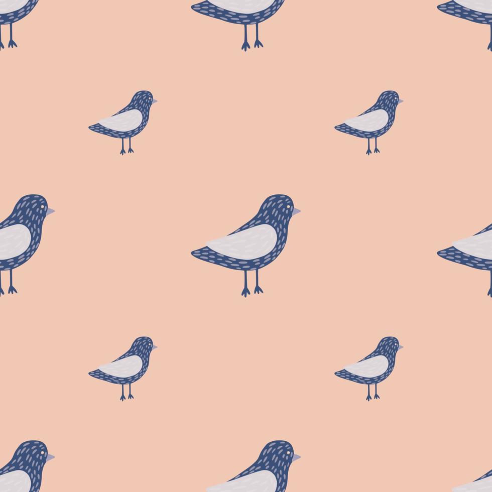 Minimalistic style seamless pattern with blue colored dove birds shapes. Pink pale background. vector