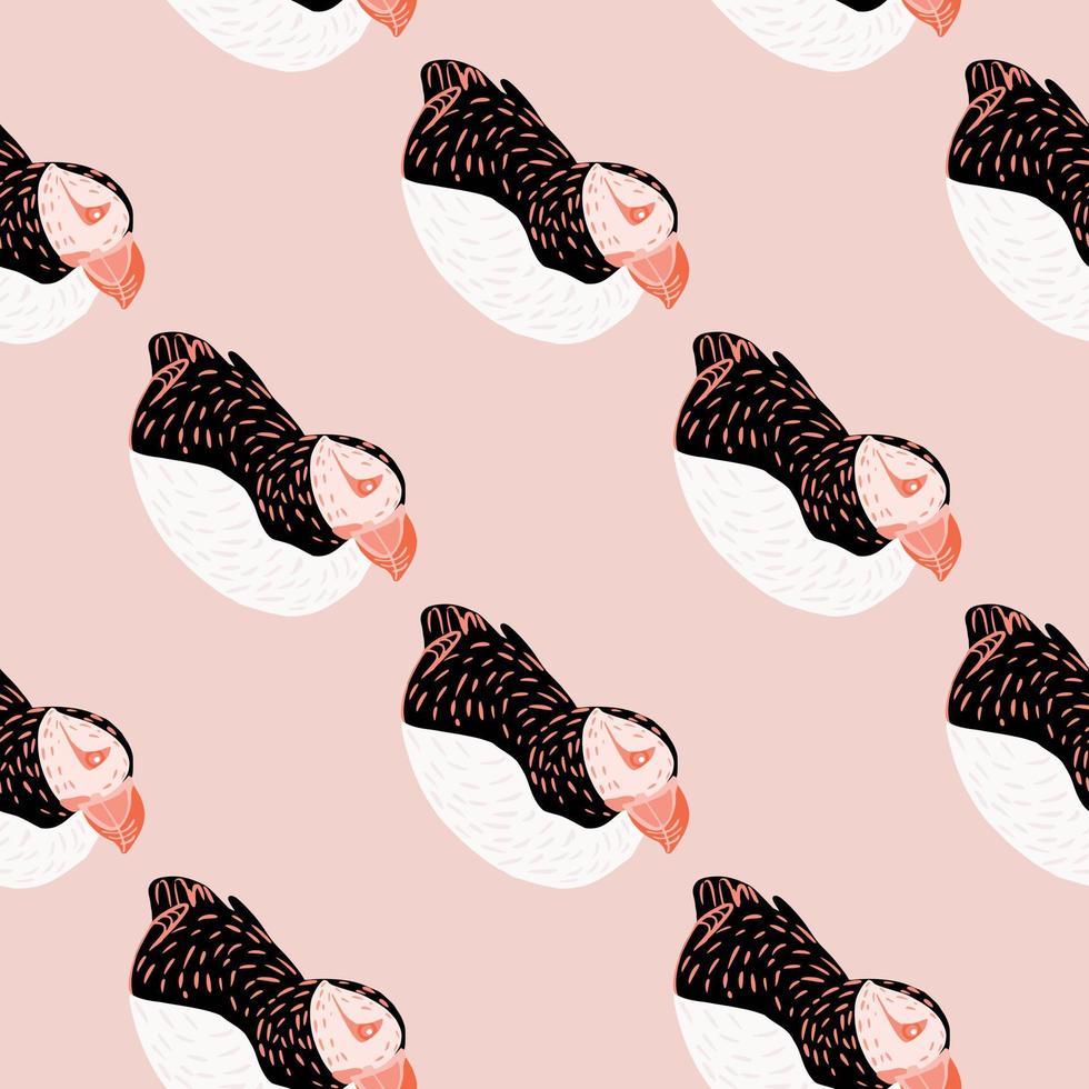 Iceland animal seamless pattern with wild puffin shapes. Pink pastel background. Simple zoo backdrop. vector