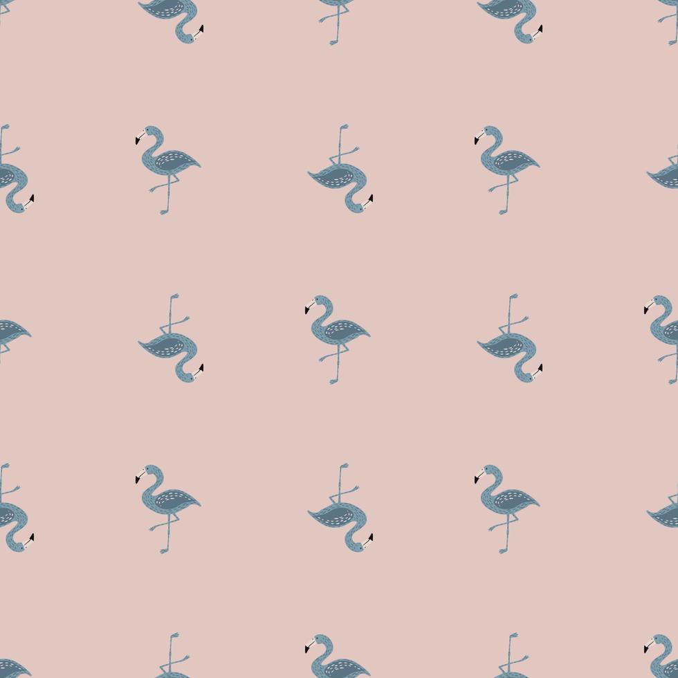 WIld life exotic zoo seamless pattern with little blue flamingo ornament. Pink pale background. vector