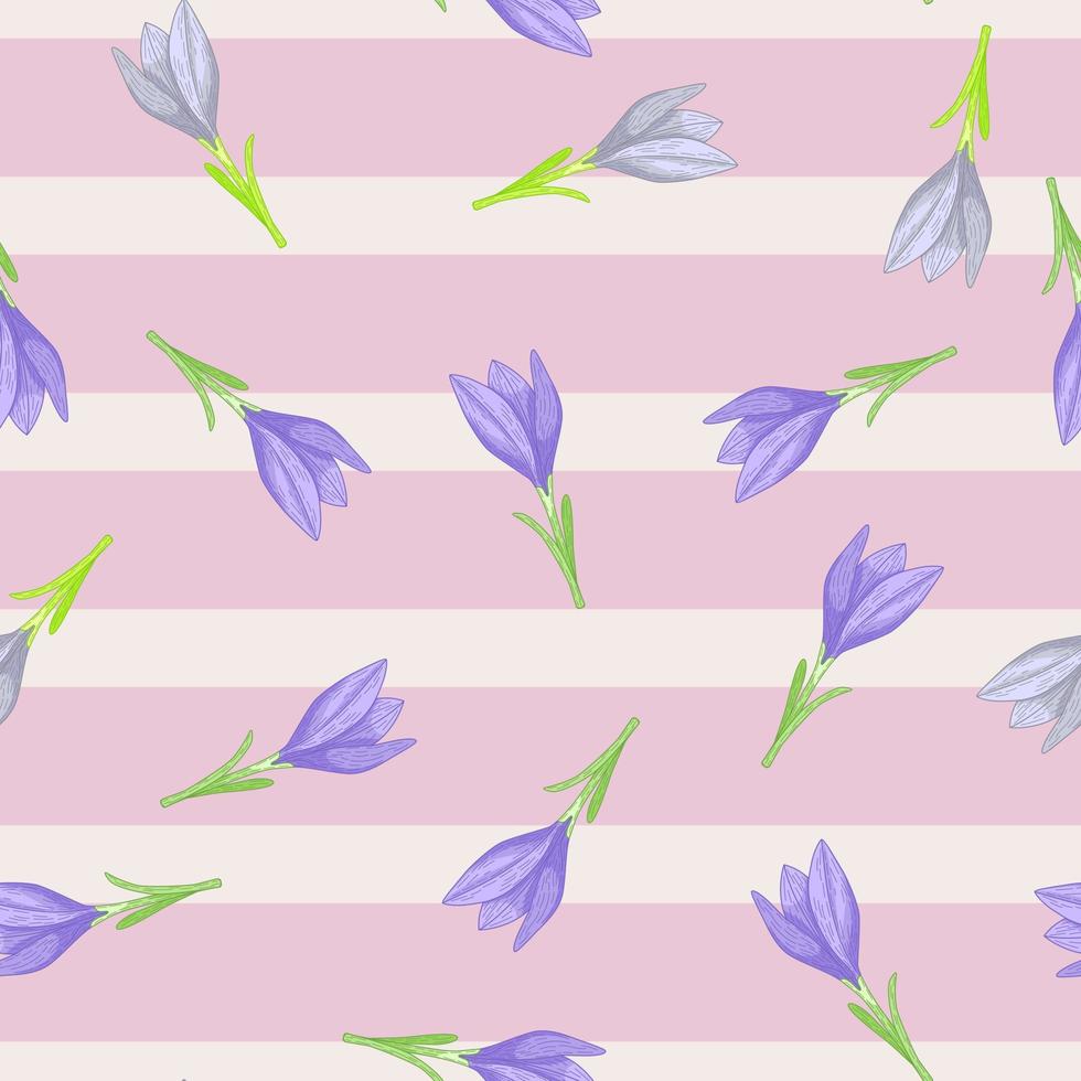 Summer bright random seamless pattern with vlue outline crocus flower print. Striped pink background. vector