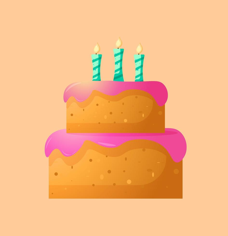 hermoso pastel vectorial con glaseado rosa y velas azules ardientes. felicitaciones por tu cumpleaños, aniversario, boda. estilo de dibujos animados aireado. para el diseño de postales, papel, embalaje, tarjetas. vector