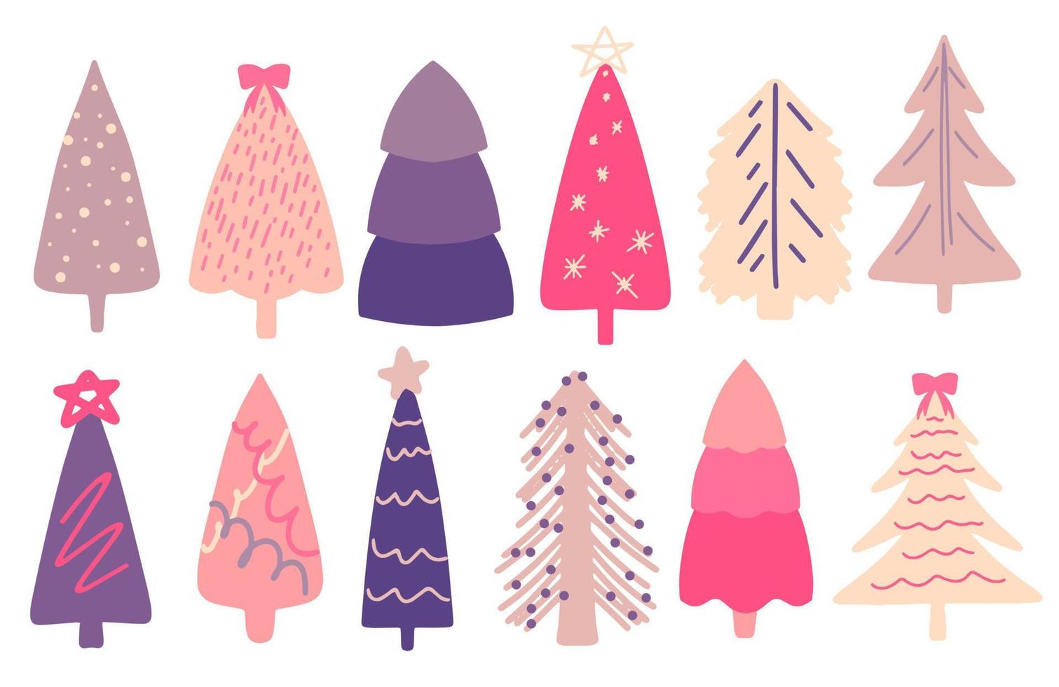 Collection of Christmas trees and fir trees, modern flat design. A set of unusual colored Christmas trees. Pink, lilac, beige. For printed products - leaflets, posters, business cards or for the web. vector