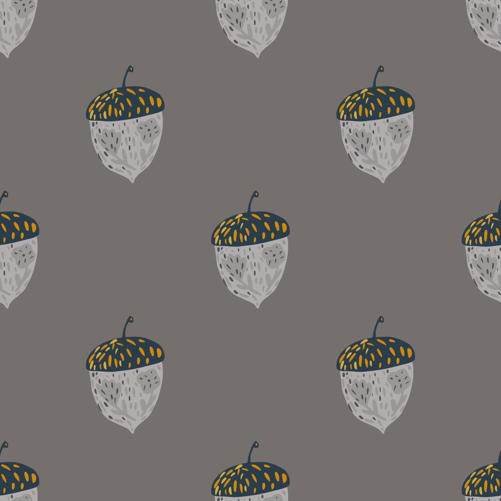 Dark nature seamless doodle pattern with hand drawn acorn shapes. Grey palette. vector