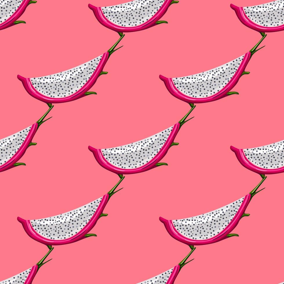 Geometric seamless pattern with slice red dragon fruit on bright background. vector