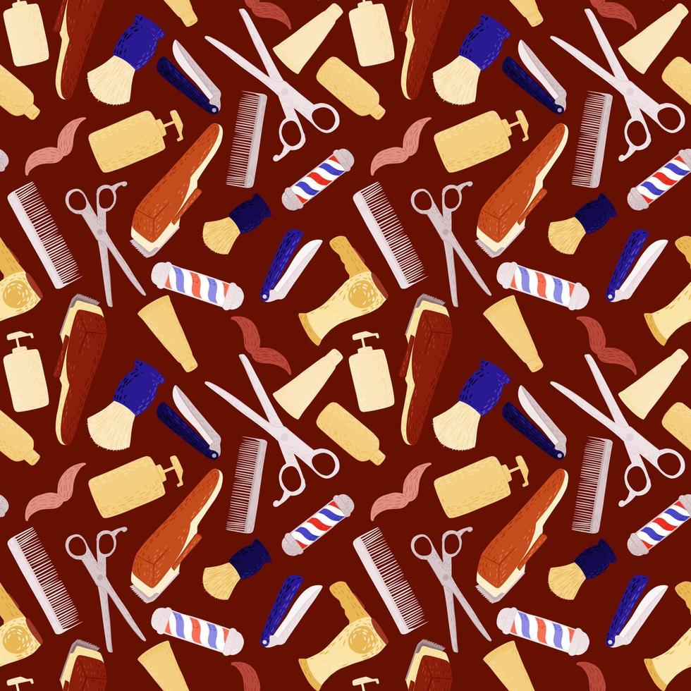 Seamless pattern hairdressing in doodle on brown background. vector