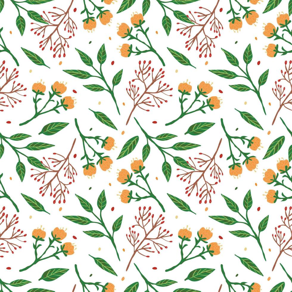 Herbal seamless pattern on white background. Abstract texture decoration with leaf, flowers and sprigs of berries. Vintage Spring floral art for print.Summer garden texture. vector