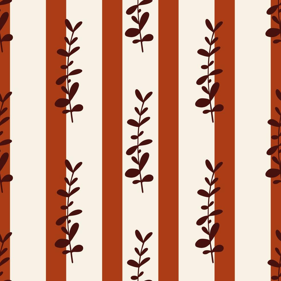 Maroon eucalyptus silhouettes seamless pattern in botanic style. Light grey and orange striped background. vector