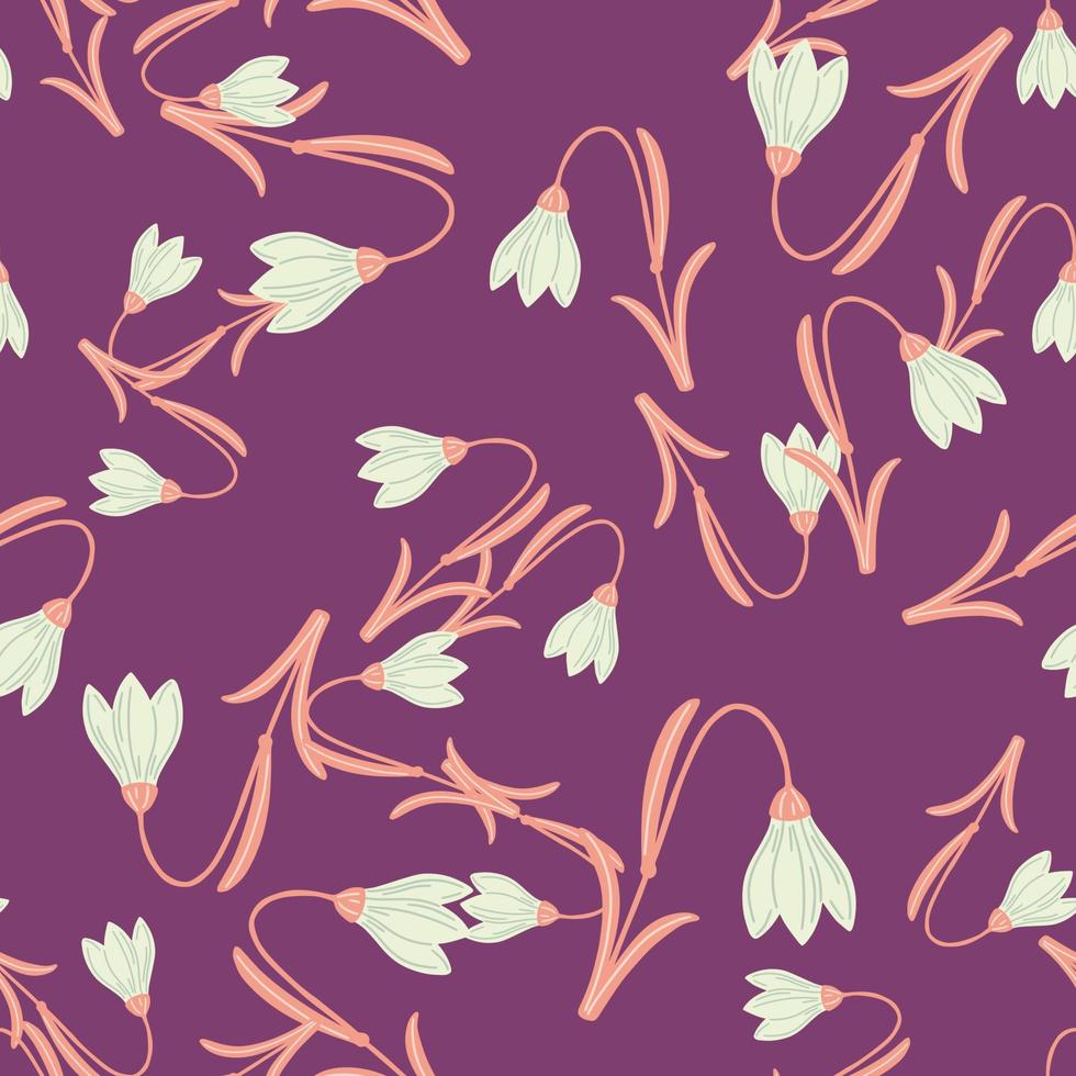 Abstract botanic seamless pattern with doodle harebell elements. Purple background. Random flowers backdrop. vector