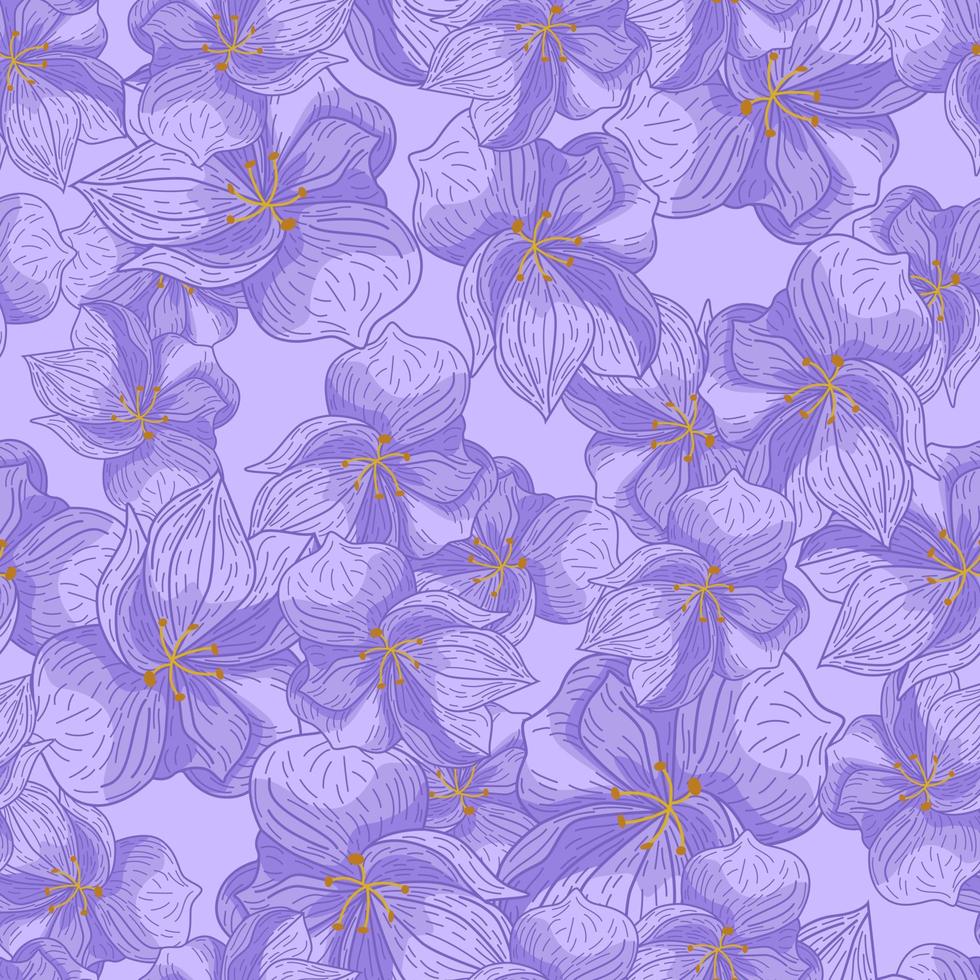 Botanic seamless hand drawn pattern with simple style outline flowers print. Blue palette. Cute backdrop. vector