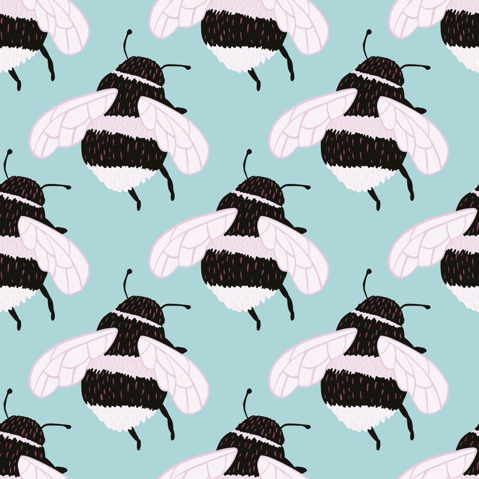 Bee pattern seamless in freehand style. Cute insect which extract honey on colorful background. Vector illustration for textile.