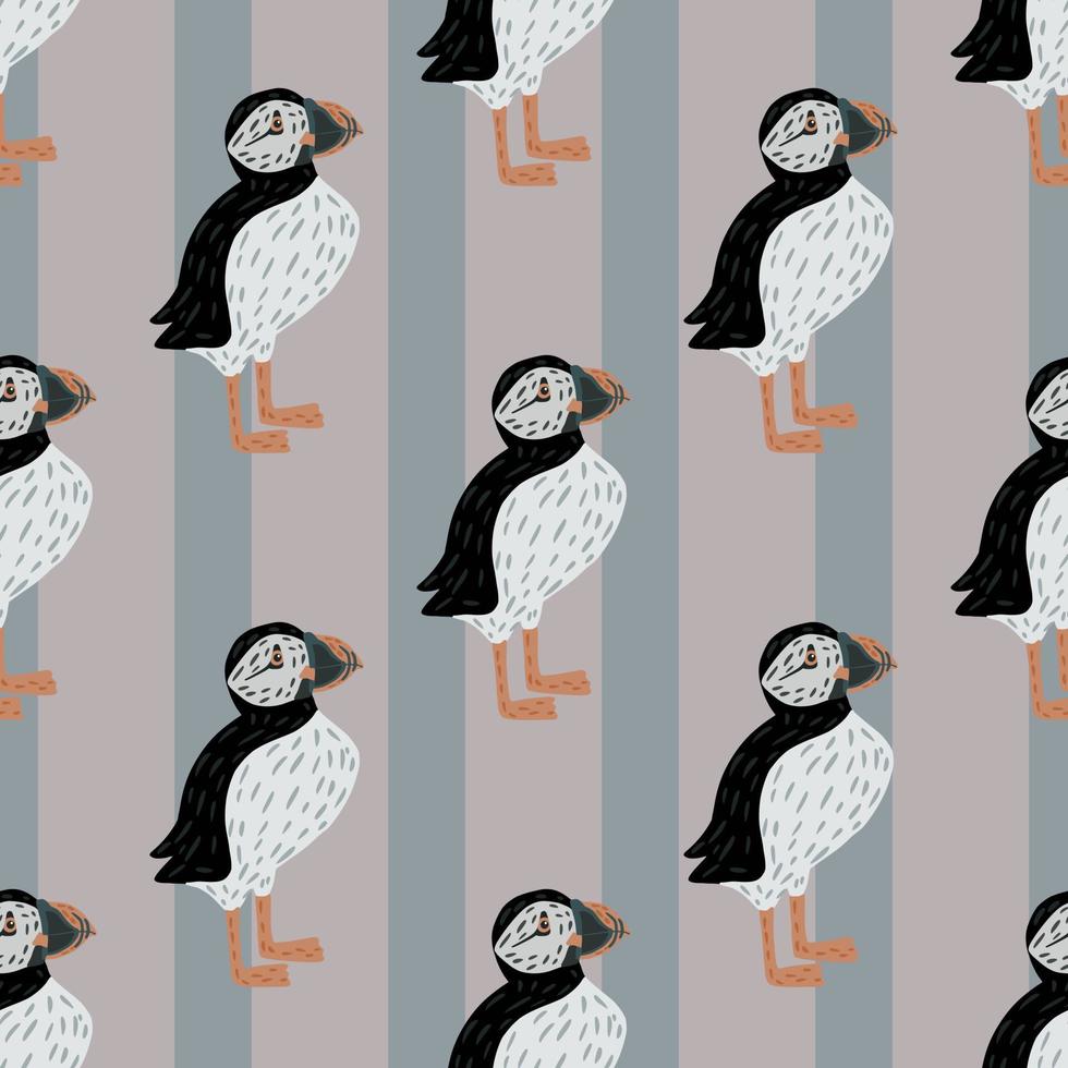 Arctic animal seamless pattern with hand drawn doodle puffin bird shapes ornament. Striped background. vector