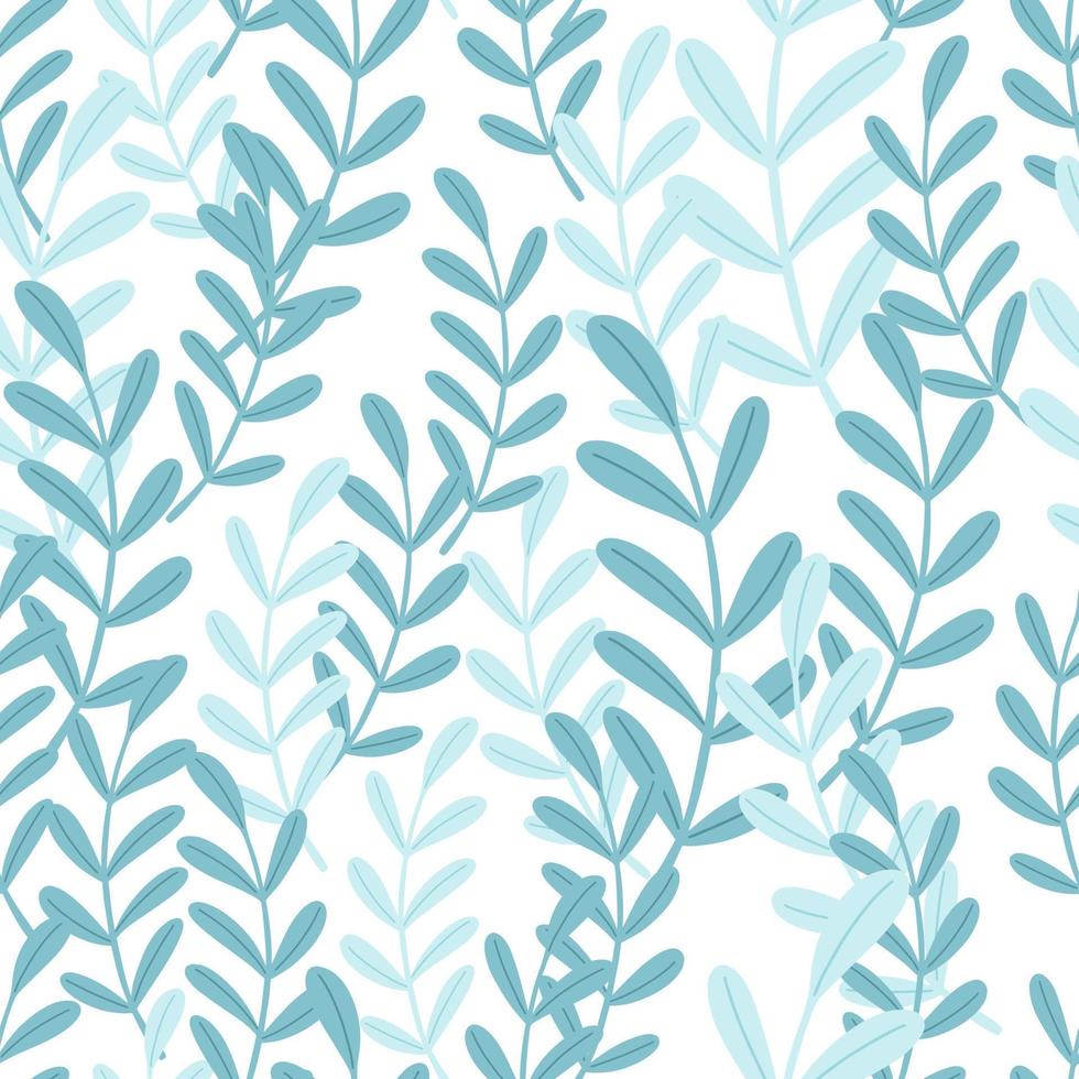 Decorative seamless isolated pattern with random blue simple style herbal twigs ornament. White background. vector