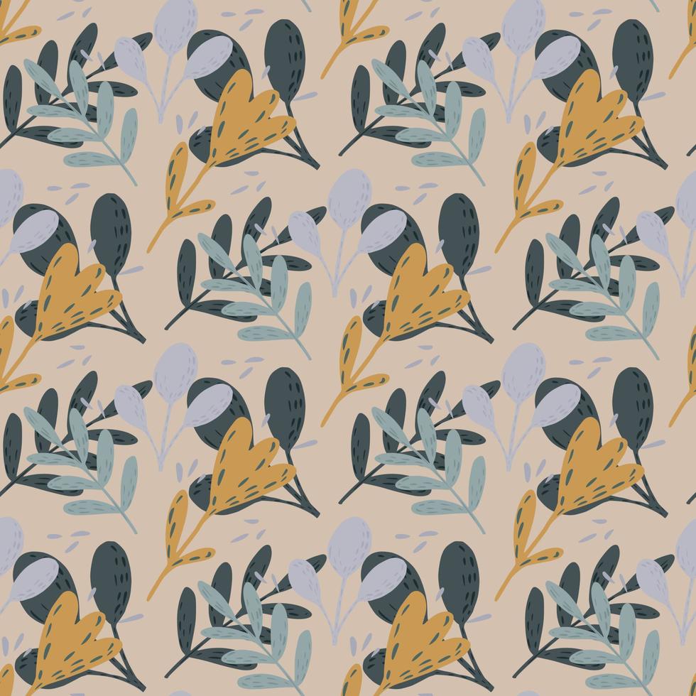 Decorative hand drawn flowers and foliage seamless pattern in blue pastel and ocher colors. vector