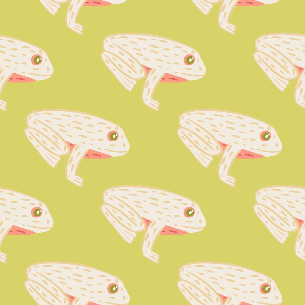 Light pink frog ornament seamless pattern in hand drawn doodle style. Pastel green olive background. vector