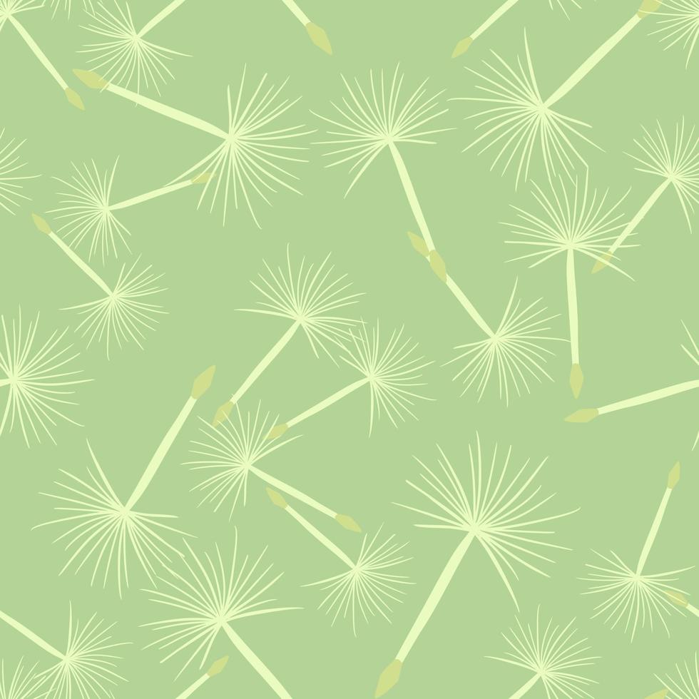 Random white dandelion elements seamless pattern in hand drawn style. Light green background. vector