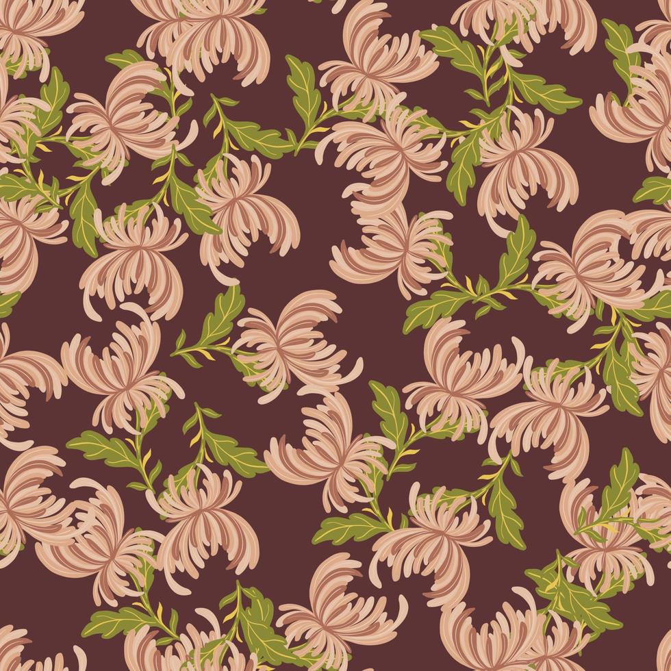 Bloom seamless pattern with simple style pink random chrysanthemum shapes. Maroon background. vector