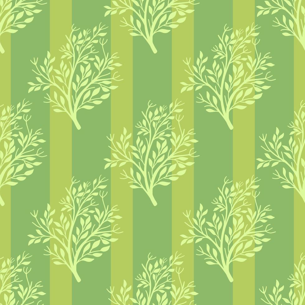 Organic forest seamless pattern with doodle tree silhouettes shapes. Green striped background. vector