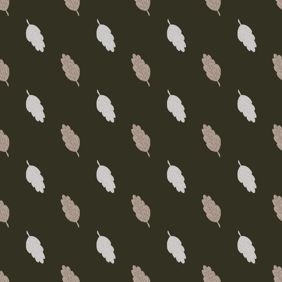 Contrast seamless fall pattern with light doodle leaf shapes. Brown dark background. vector