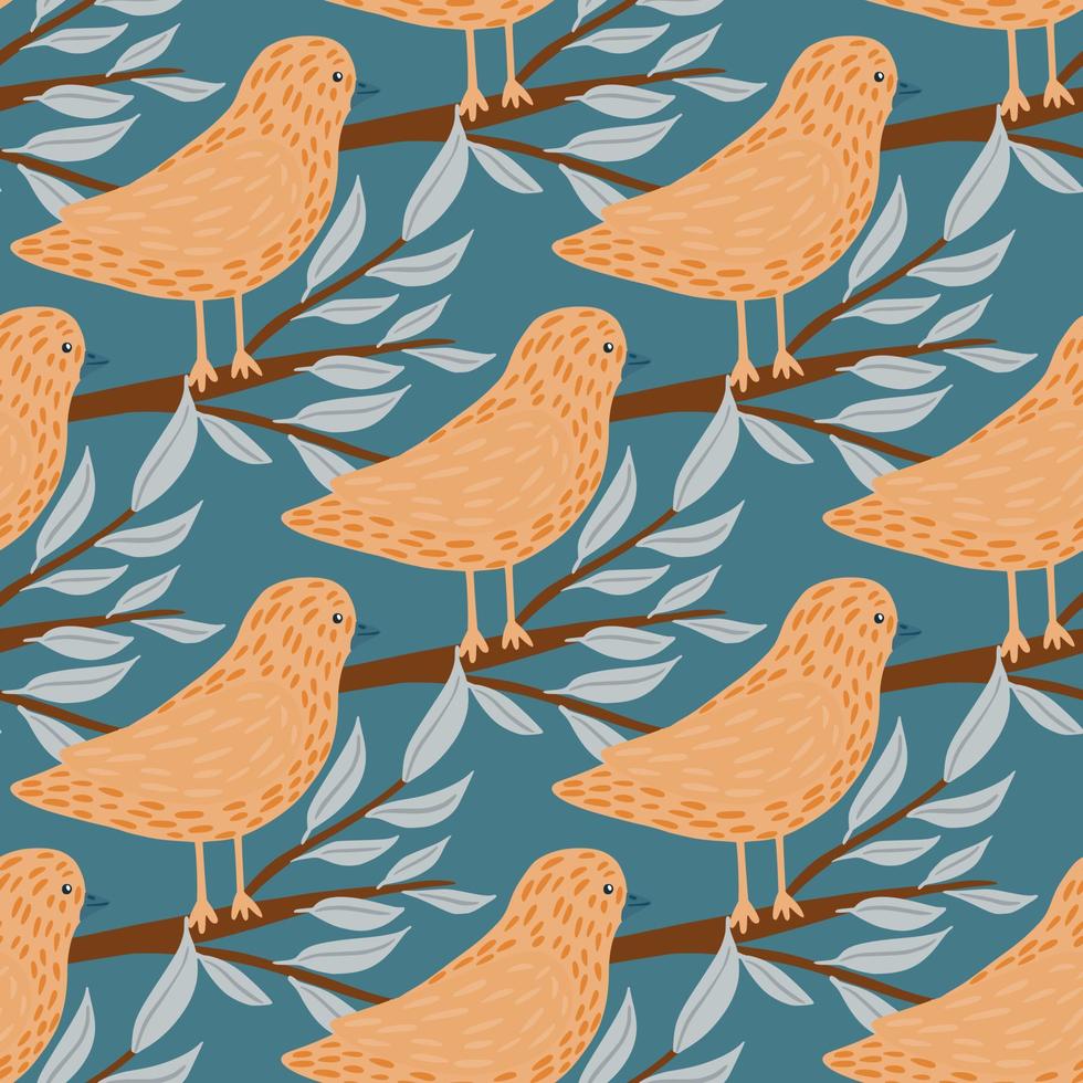 Beige hand drawn bird seamless pattern in doodle style. Branches elements. Blue background. vector