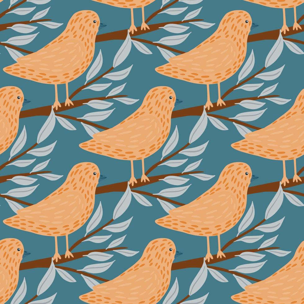 Beige hand drawn bird seamless pattern in doodle style. Branches elements. Blue background. vector