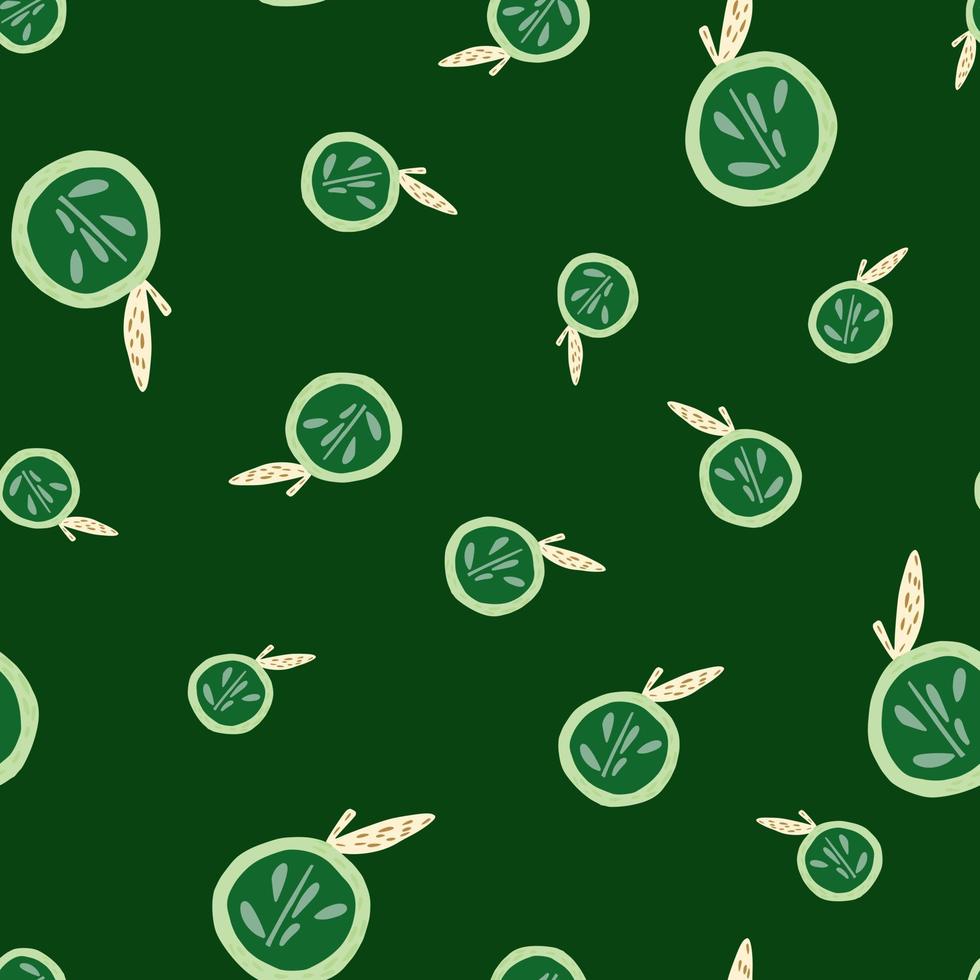 Random seamless pattern with cartoon bright apple half silhouettes. Green dark background. Food backdrop. vector