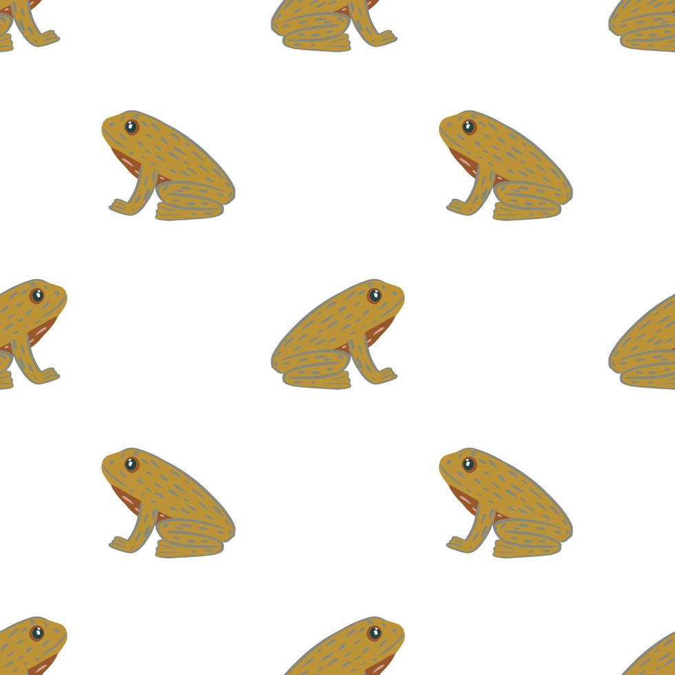 Isolated seamless wildlife nature pattern with cartoon brown simple frog silhouettes. White background. vector