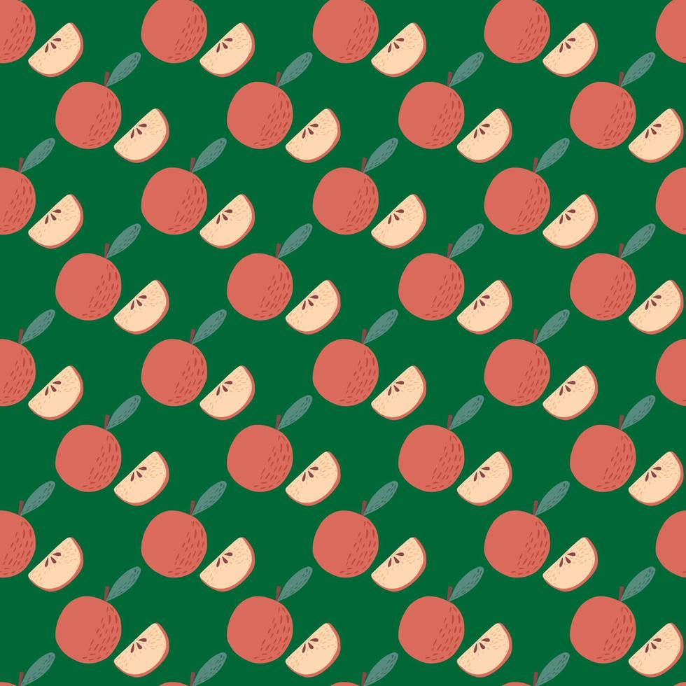 Seamless pattern with decorative red apple with slices. Green bright background. vector