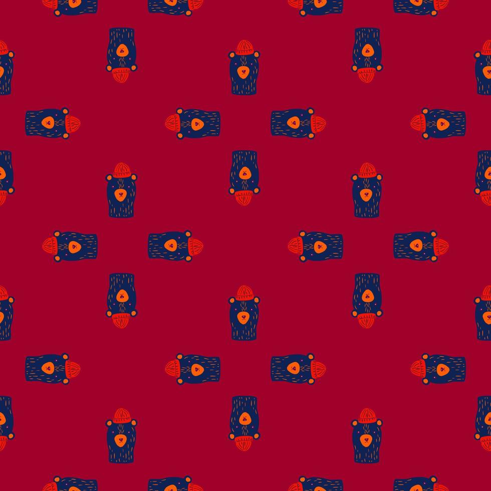 Navy blue colored bear characters in hats seamless pattern. Doodle style. Maroon dark background. vector