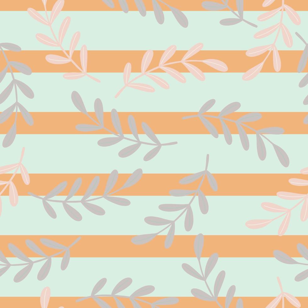 Random light grey leaf branches print seamless pattern. Orange and blue colored striped background. vector