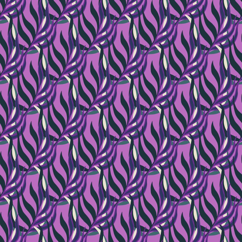 Abstract seamless doodle pattern with purple palette tropic leaf branches ornament. Bright creative design. vector