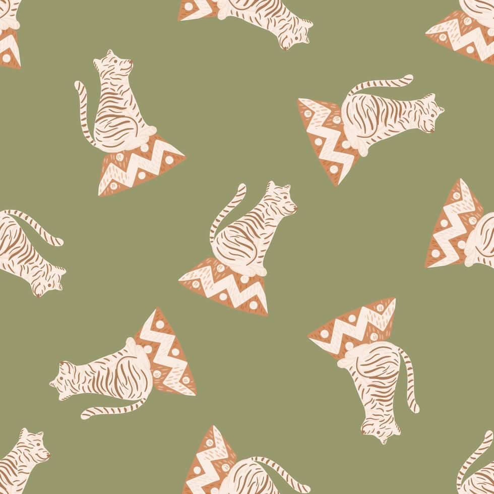 Random seamless doodle pattern with light tiger silhouettes ornament. Green olive background. vector