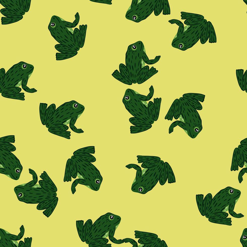 Simple random animal design seamless pattern with green frogs shapes print. Yellow pale background. vector