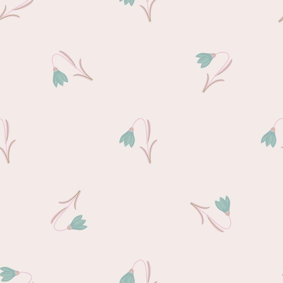 Bloom minimalistic seamless pattern with blue harebell ornament. Pastel light pink background. Simple style. vector