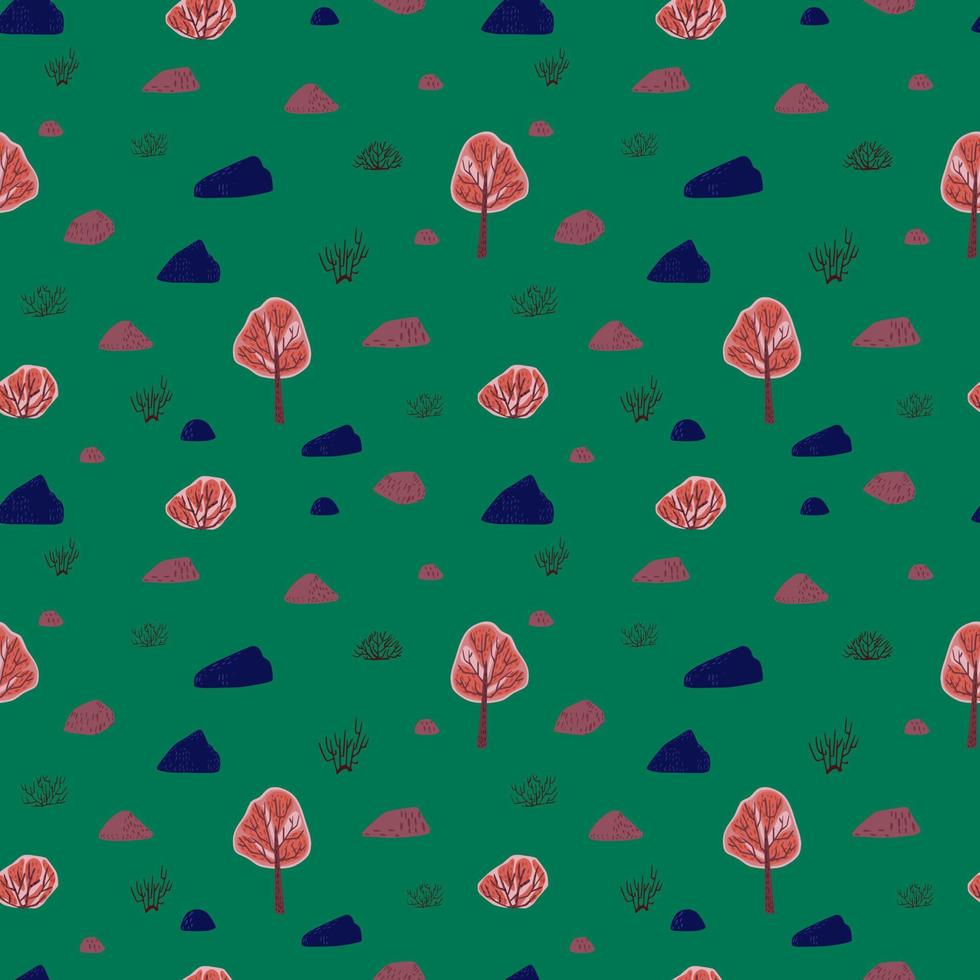 Seamless pattern trees and stones on green background. Abstract texture decoration from tree, rock and bushes. vector