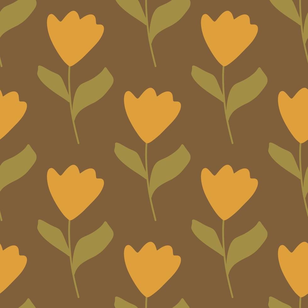 Decorative seamless pattern with hand drawn orange simple tulip flowers ornament. Brown background. vector
