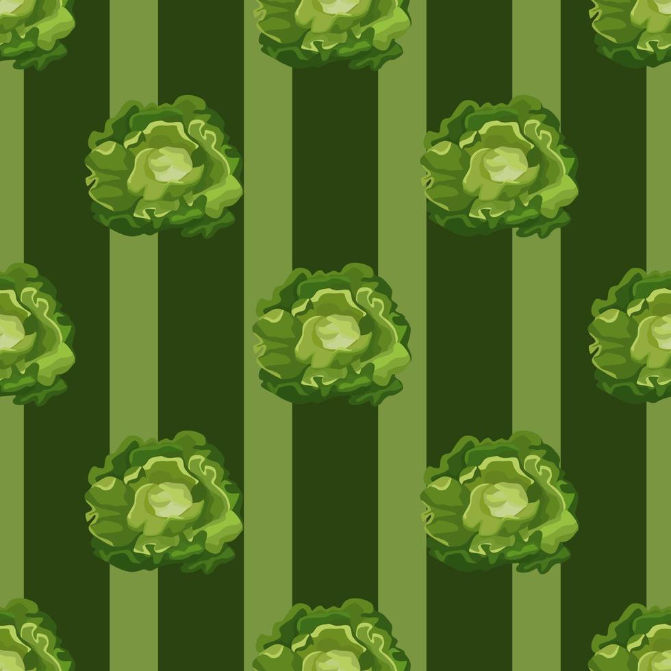 Seamless pattern Butterhead salad on dark green striped background. Simple ornament with lettuce. vector