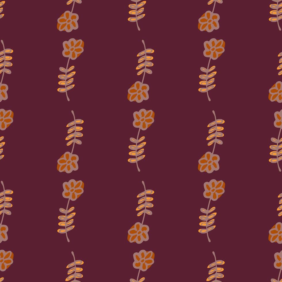 Decorative seamless pattern with simple hand drawn flowers ornament. Maroon background. vector