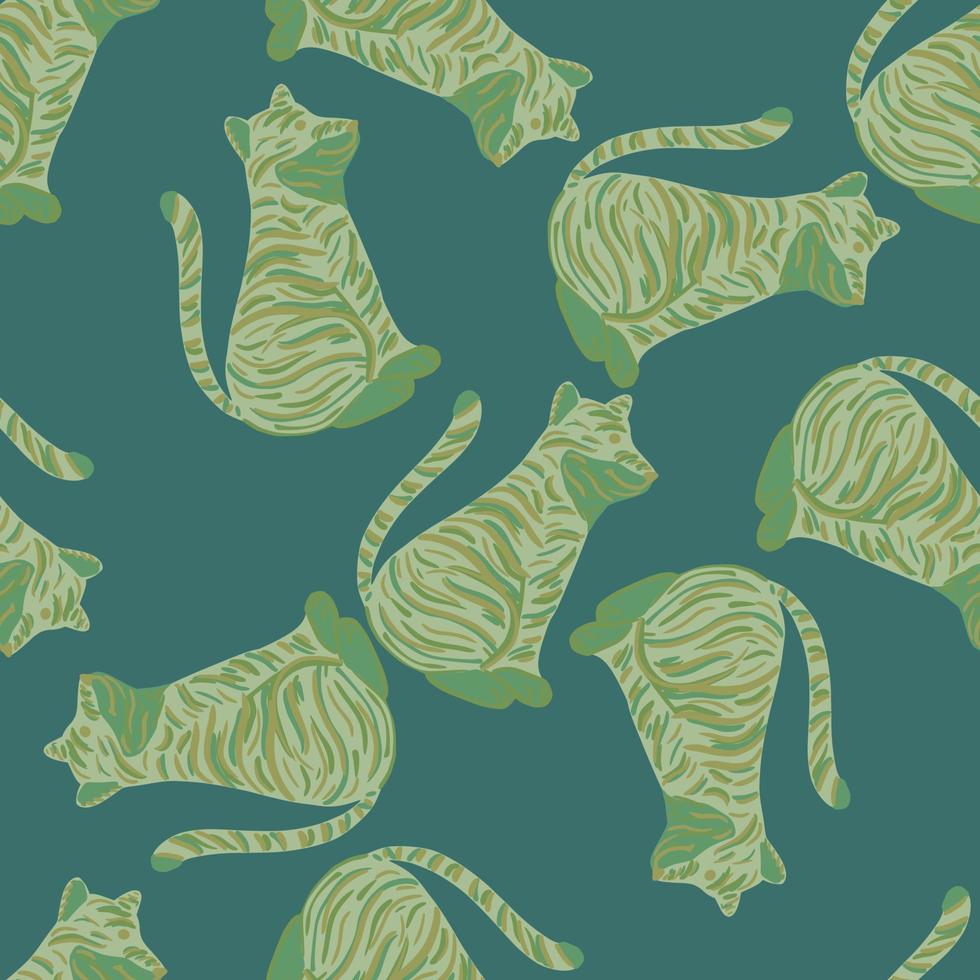 Seamless random pattern with green pale tiger silhouettes print. Turquoise background. Safari animal print. vector