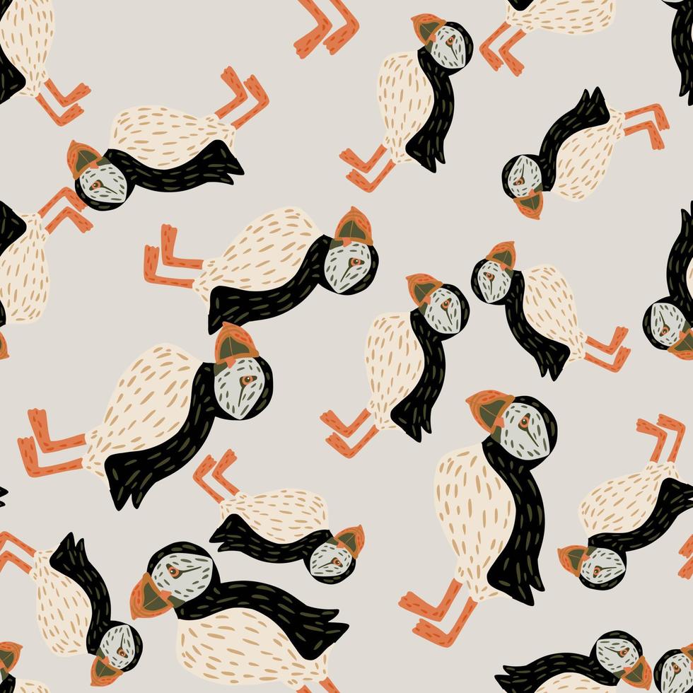 Abstract seamless pattern with hand drawn puffin bird silhouettes. Light grey background. Simple design. vector