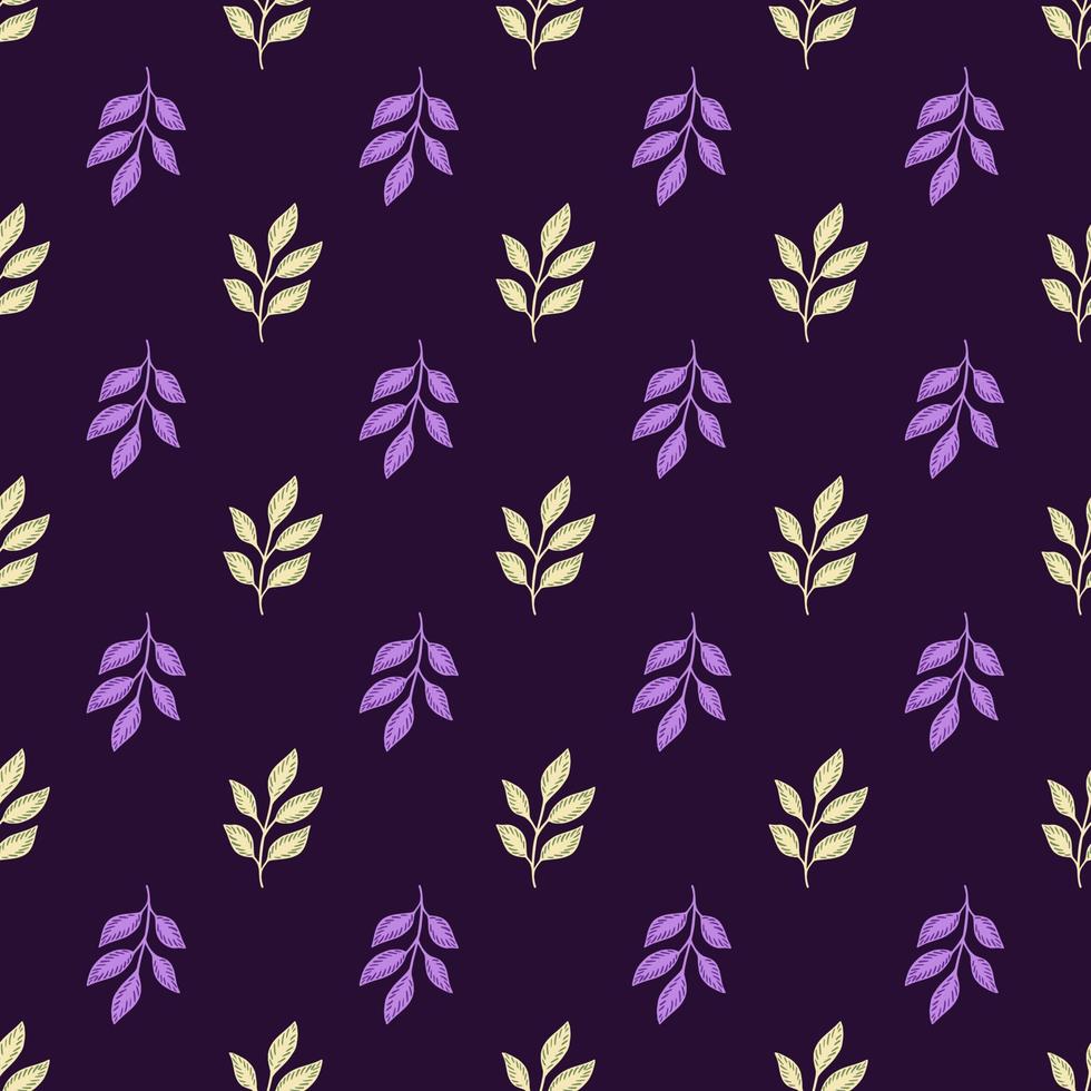Contrast botanic seamless pattern with doodle leaves branches elements. Purple print silhouettes. vector