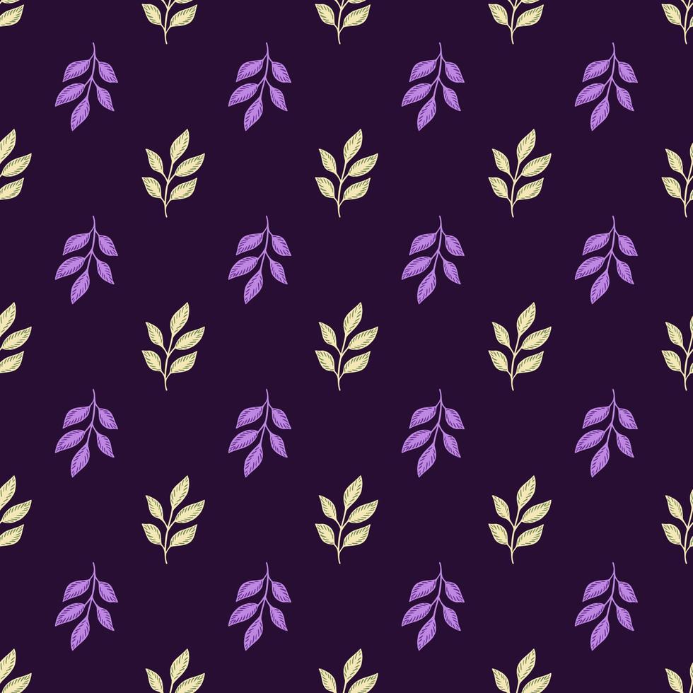 Contrast botanic seamless pattern with doodle leaves branches elements. Purple print silhouettes. vector