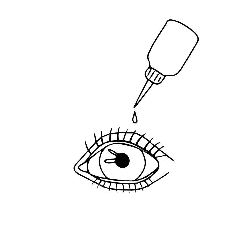 Eyes drops with eye isolated on white background. Medicine for health of vision in doodle style. vector
