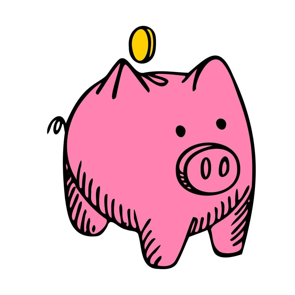 Pink piggy bank isolated on white background. Box for safe savings, coins, cash, gold. Money pig in doodle style. vector