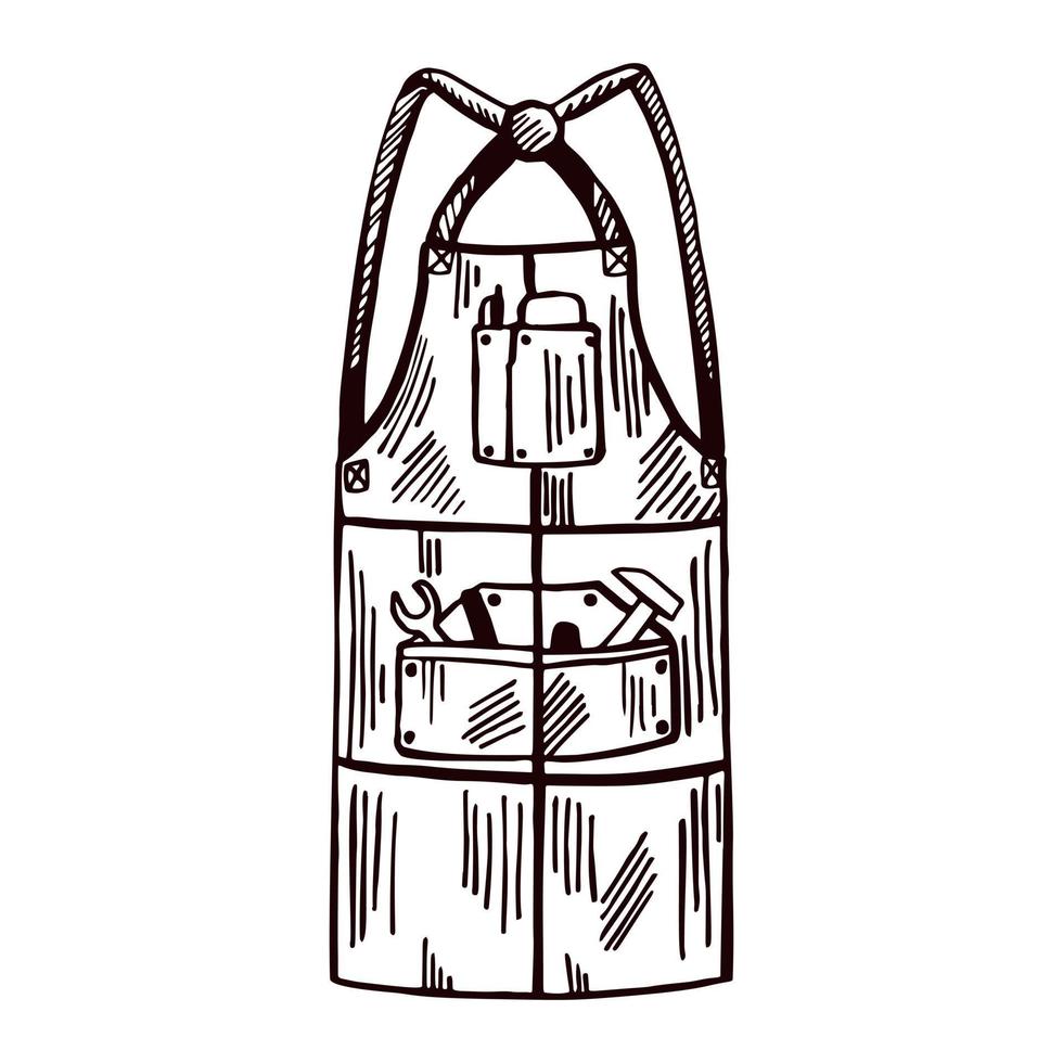 Apron with tools isolated. Pinafore of workman for work to workshop in hand drawn style. vector