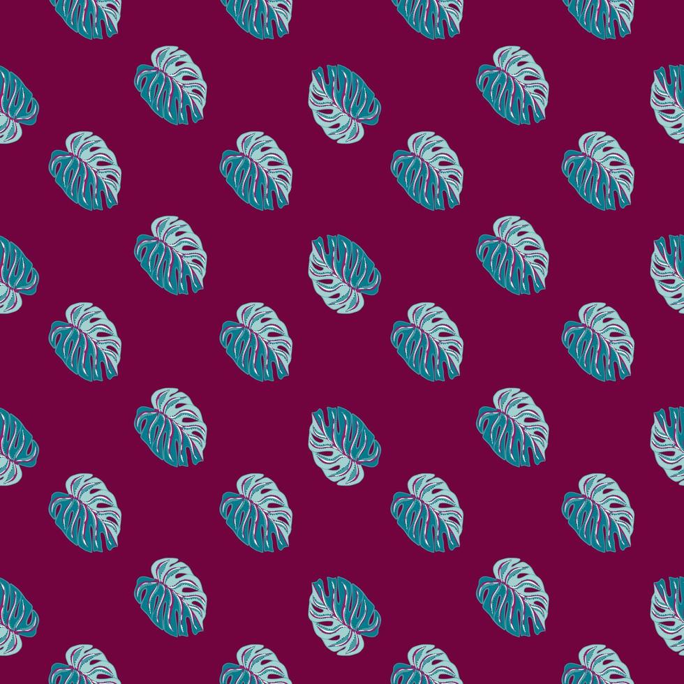 Little blue monstera leaves exotic seamless pattern in nature style. Purple colored background. vector